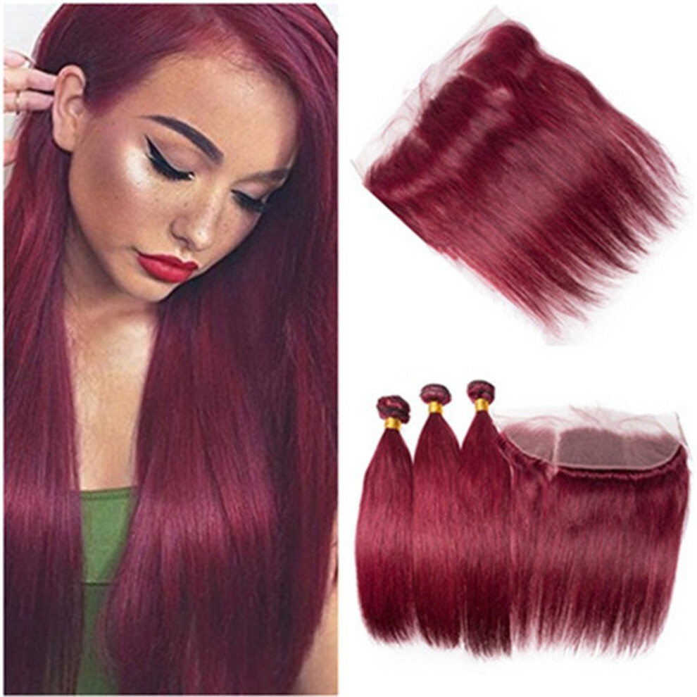 Unisex Red 99J Burgundy Human Hair Bundles With 13X4 Lace Frontal Virgin Brazilian Straight Weave Extensions