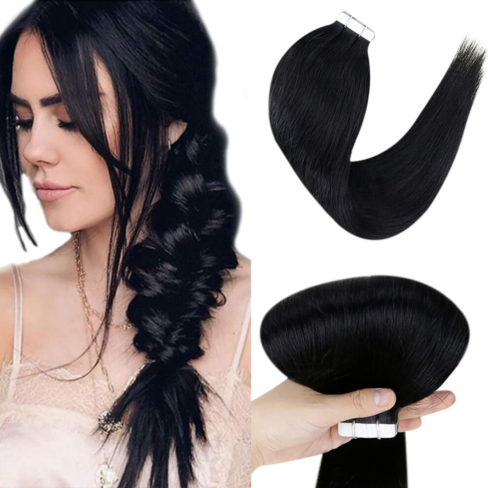 Unisex Black Tape In Hair Extensions Jet 18 Inch Remy Human Hair Seamless Invisible Skin Weft For Women