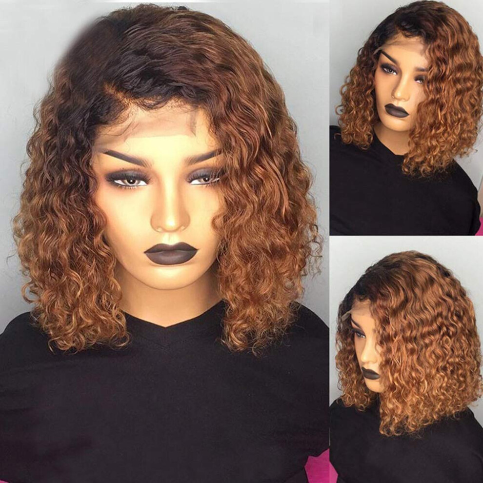 Unisex Black 13X6 Lace Front Human Hair Bob Wig For Women Ombre 1B/27 Water Wave Preplucked