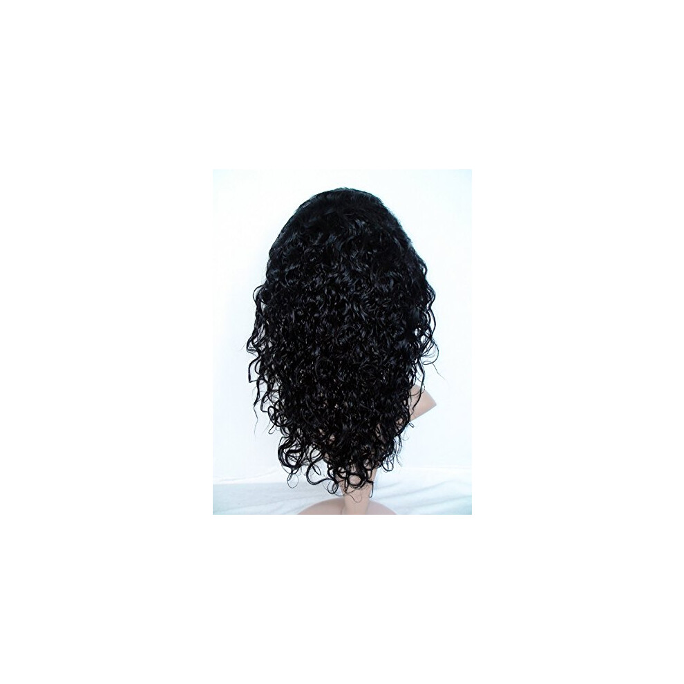 Unisex Black 16 Inch Full Lace Virgin Human Hair Wig Kinky Curly Jet Malaysian Remy For Women