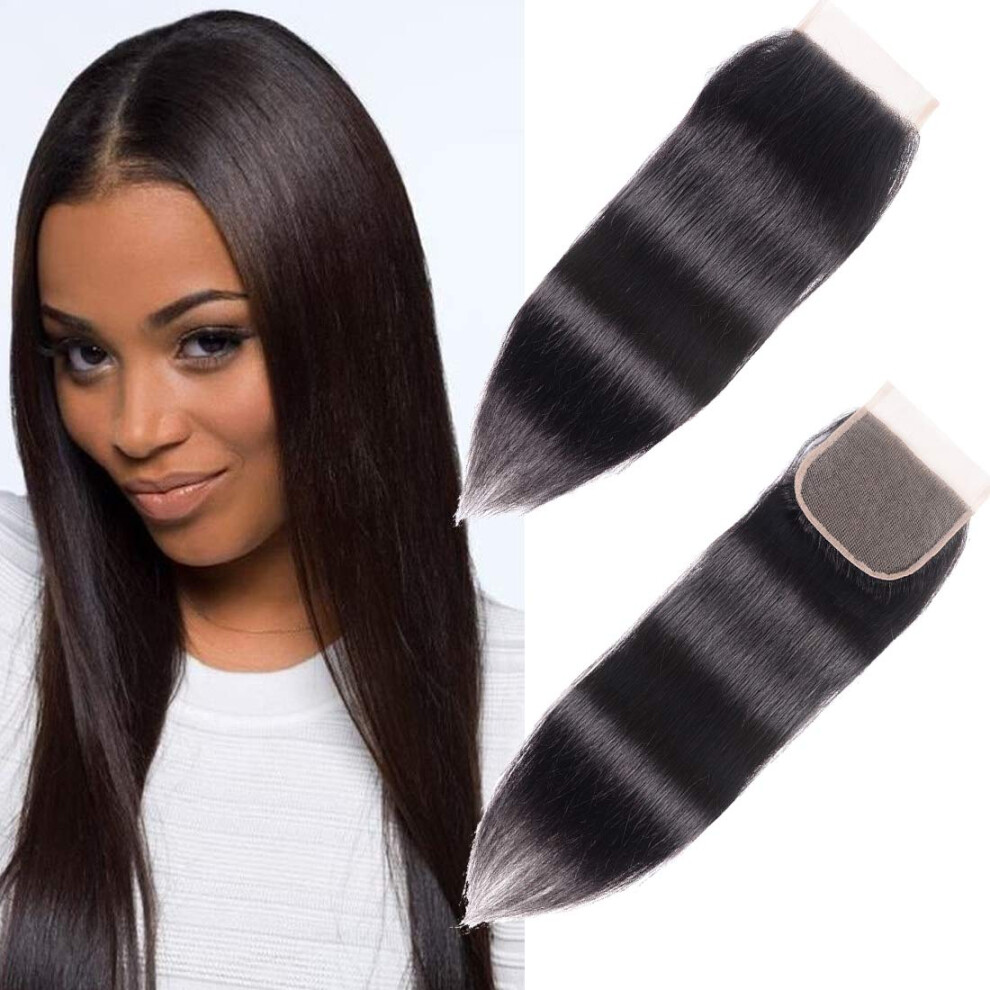 Unisex Black Peruvian Virgin Human Hair Bundles Straight Natural 12Inch 4X4 Lace Closure Tangle