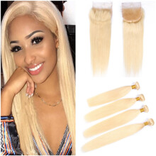 613 Blonde Human Hair Bundles with Closure Silky Straight Virgin Extensions Russian Weave Set 5pcs