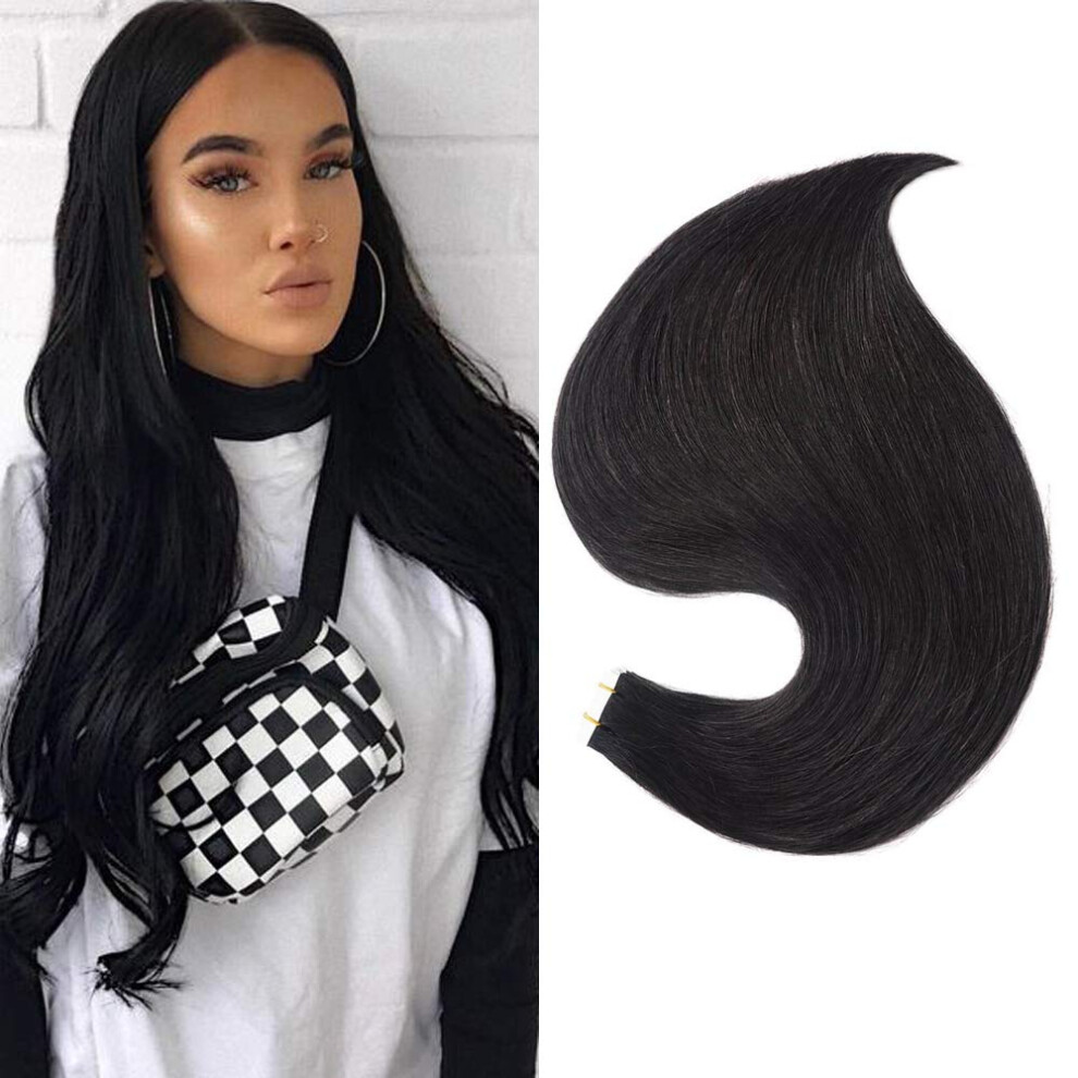 Unisex Black 22 Inch Jet Tape In Remy Human Hair Extensions, Invisible Natural Blend, 20Pcs 50G