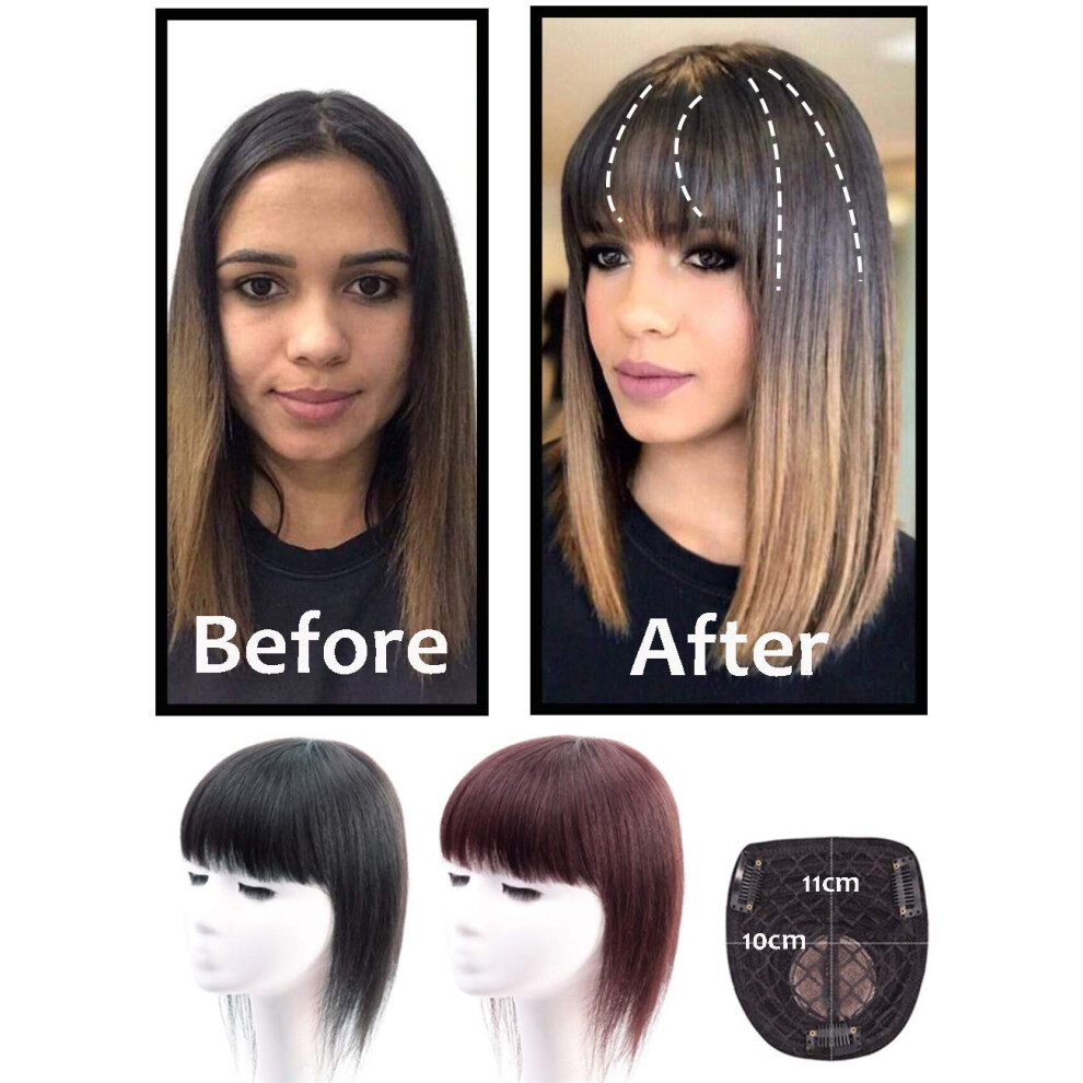 Unisex Brown Human Hair Topper Clip In Hairpiece For Women With Thinning Hair 25Cm Dark Fringe