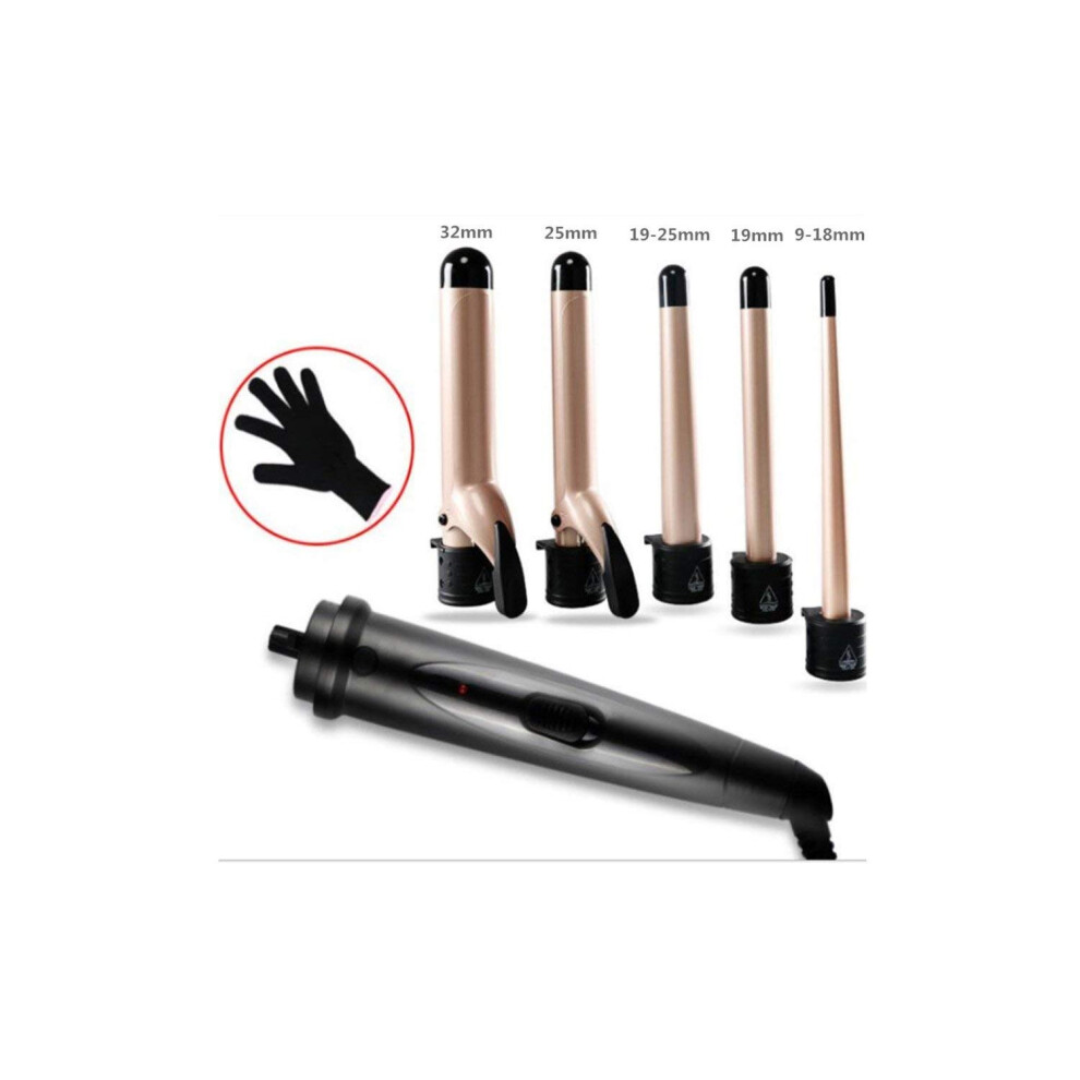 Curling Iron 5 in 1 Tourmaline Ceramic Hair Curler Set with Interchangeable Barrels Gold US