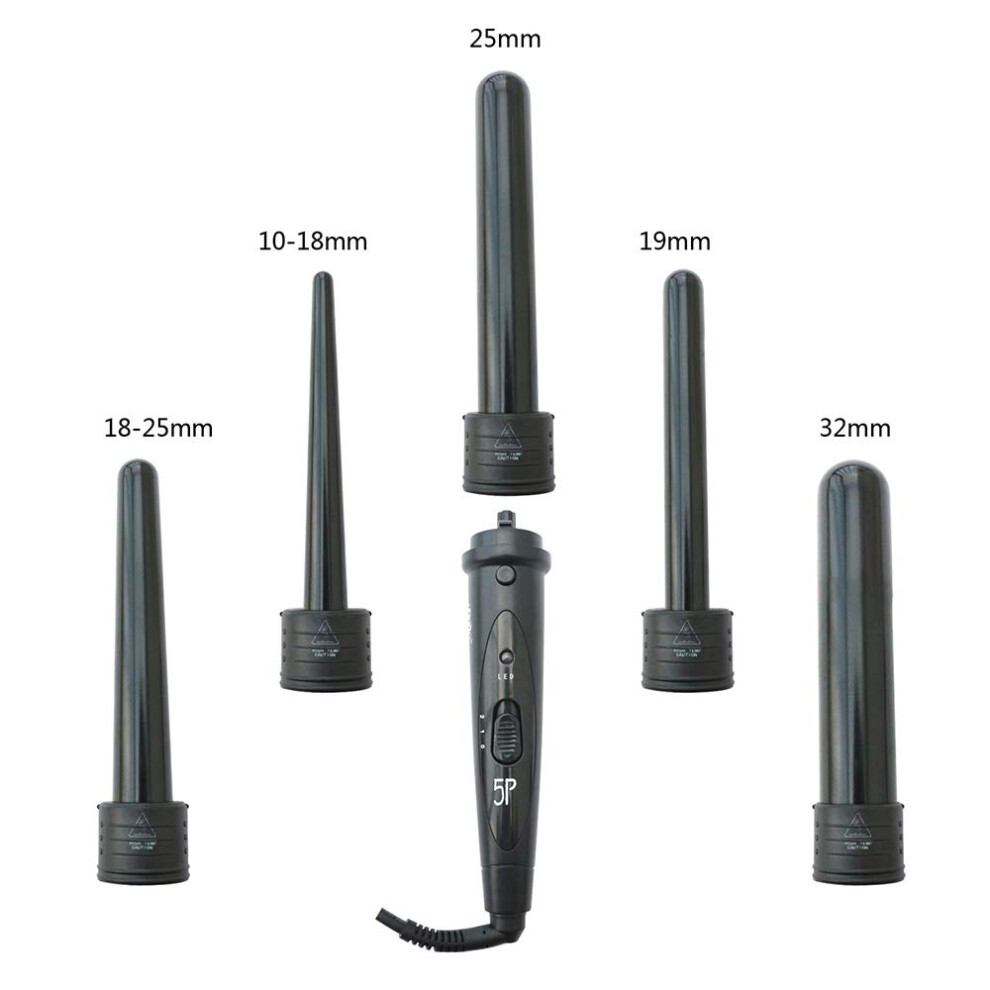 Black 5 In 1 Curling Iron Set With Interchangeable Tourmaline Ceramic Barrels, Dual Voltage,