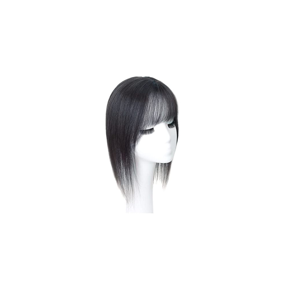 Unisex Black Human Hair Topper With Bangs For Thinning Hair, Silk Base Clip In Hairpiece 7X10cm 30Cm
