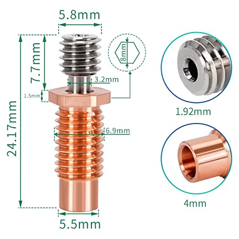 2Pcs 24mm Bimetallic V6 Hotend Throat Tube