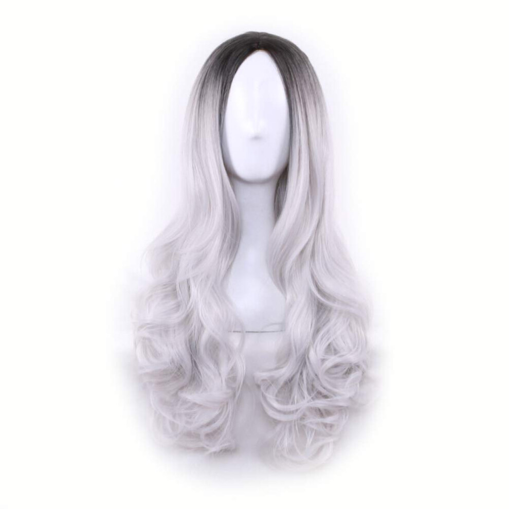 Unisex Black,Grey Long Curly Ombre Wig Black And Grey Heat Resistant Synthetic Hairpiece For Women Cosplay