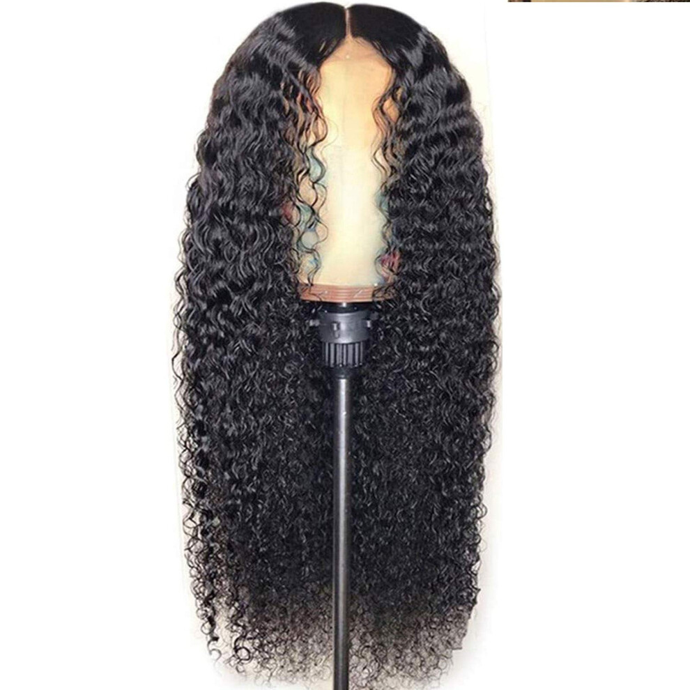 Unisex Black Brazilian Human Hair Lace Front Wig Natural Curly Remy With Pre Plucked Baby Hair