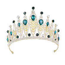 Green Alloy Bridal Crown Tiara with Rhinestones for Bride Wedding and Pageant