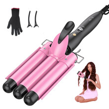 Triple Barrel Curling Iron Hair Waver, Ceramic Tourmaline 1 Inch, Rapid HeatUp for Beach Waves, Pink