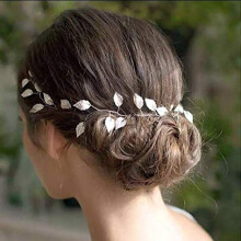 Silver Bridal Hair Vine with Beads, 15.7 Inch Elegant Wedding Headpiece with Gold Leaves
