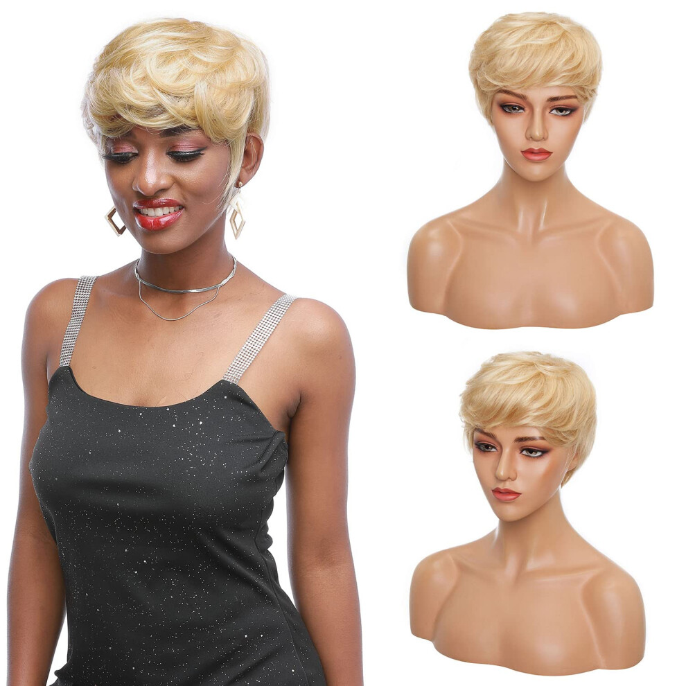 Unisex Short Blonde Human Hair Wig 613 Pixie Cut With Bangs Choppy Layers Curly Wavy Easy Wear