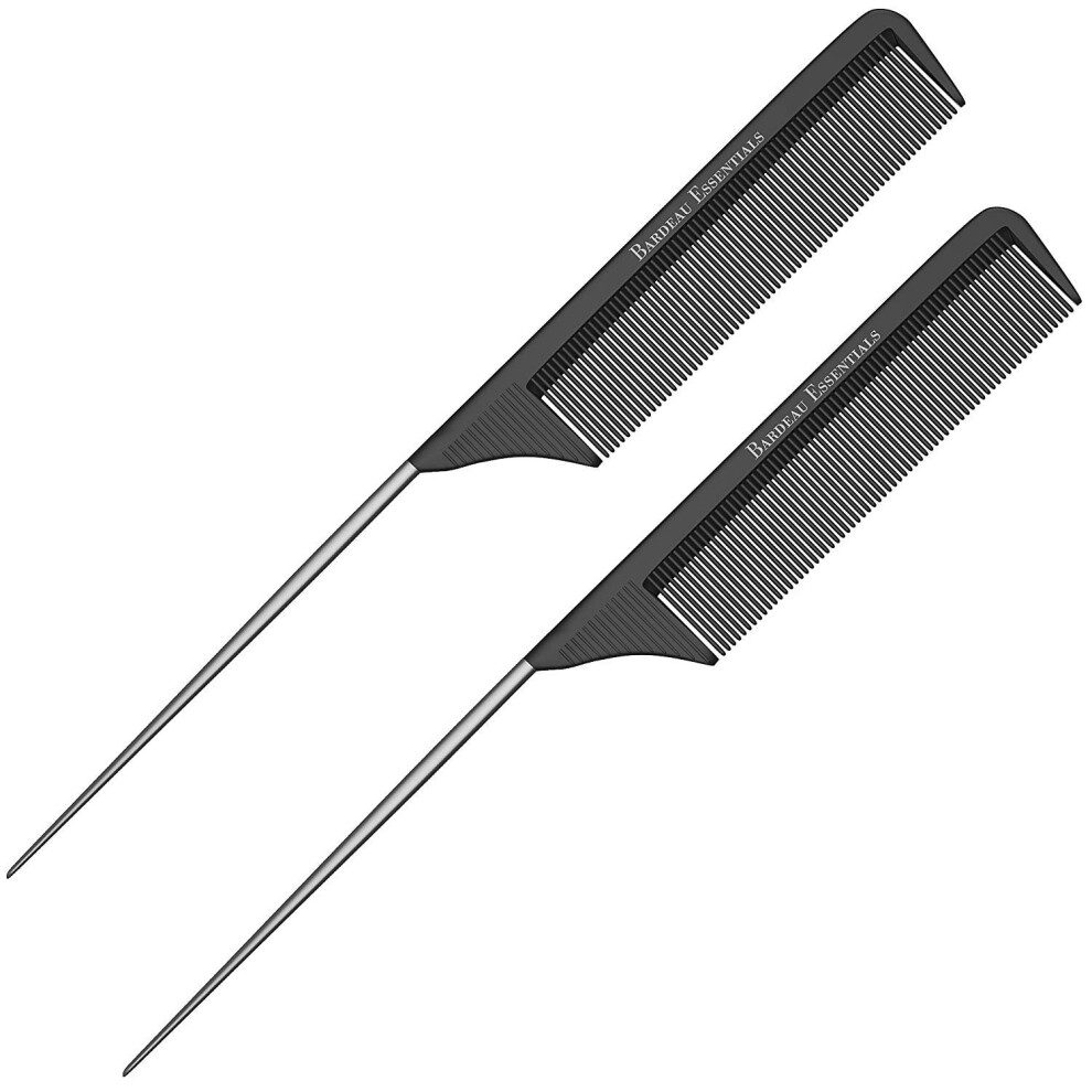 Professional Carbon Fiber Tail Comb 2 Pack with Stainless Steel Pintail, Heat Resistant, Anti Static