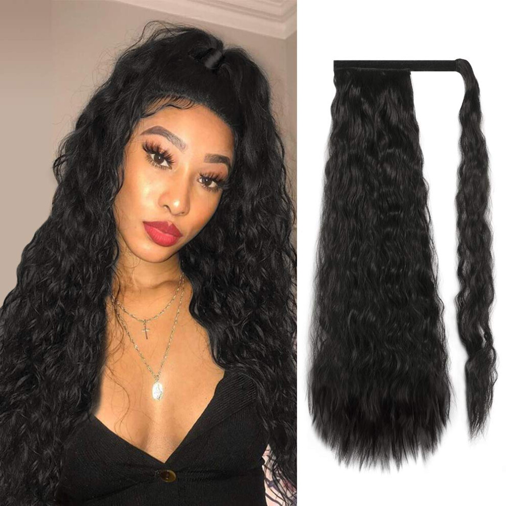 Ponytail Extension 26 Inch Long Curly Wrap Around Synthetic Hairpiece Black for Natural Volume Boost