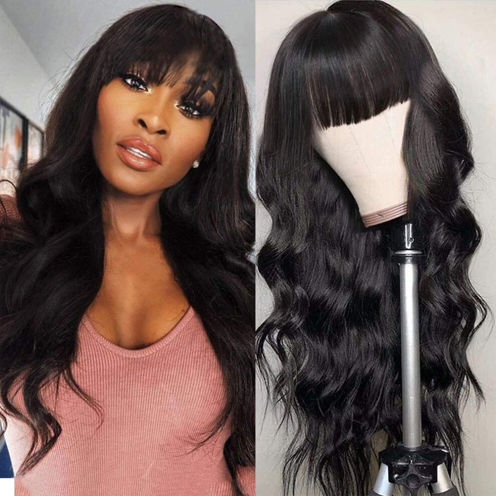 Human Hair Wigs Brazilian Body Wave Wig with Bangs 180% Density Glueless 24 Inch for Black Women