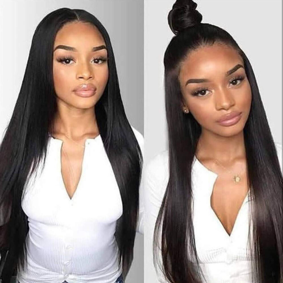 Unisex Black 14 Inch Brazilian Straight Human Hair Lace Front Wig, Preplucked Hairline, Bleached Knots, Natural