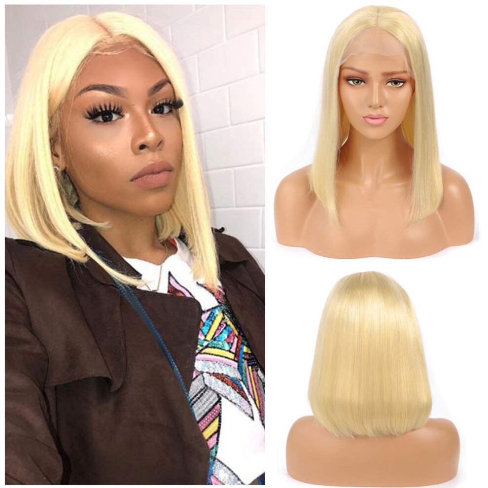 Unisex 613 Lace Front Wig Blonde Human Hair Bob 13X4 Preplucked Natural Hairline Heat Style 16Inch