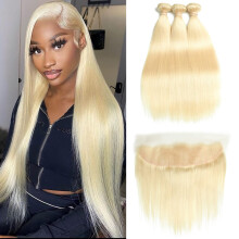 613 Blonde Human Hair Bundles with 13x4 Lace Frontal Brazilian Virgin Straight Extensions Ref: 3299