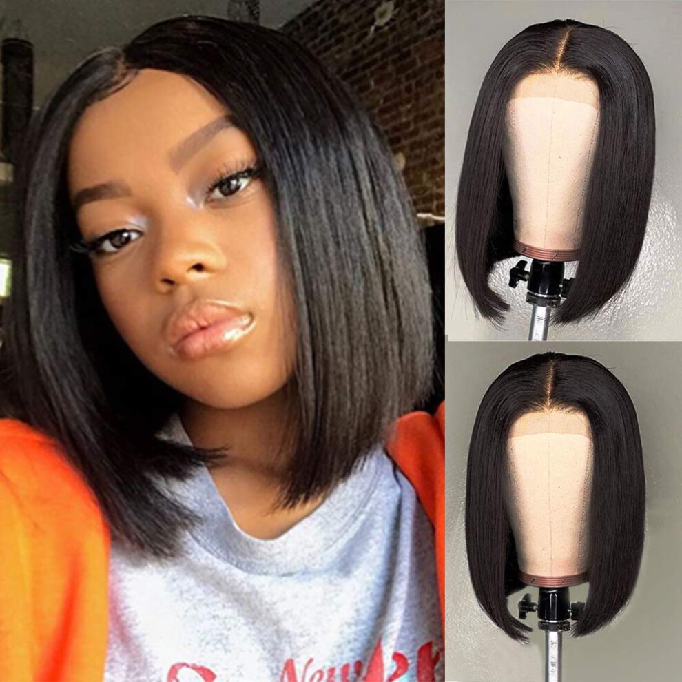 Unisex Bob Wig Brazilian Virgin Human Hair 12 Inch Lace Closure With Natural Hairline 150% Density