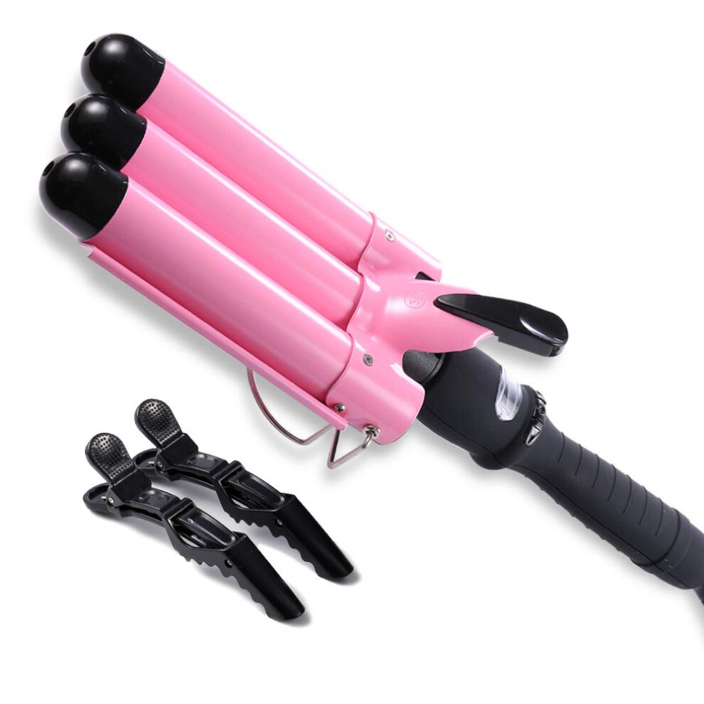 Pink Triple Barrel Curling Iron 1 Inch With Lcd Temperature Control For Beach Waves And Texture