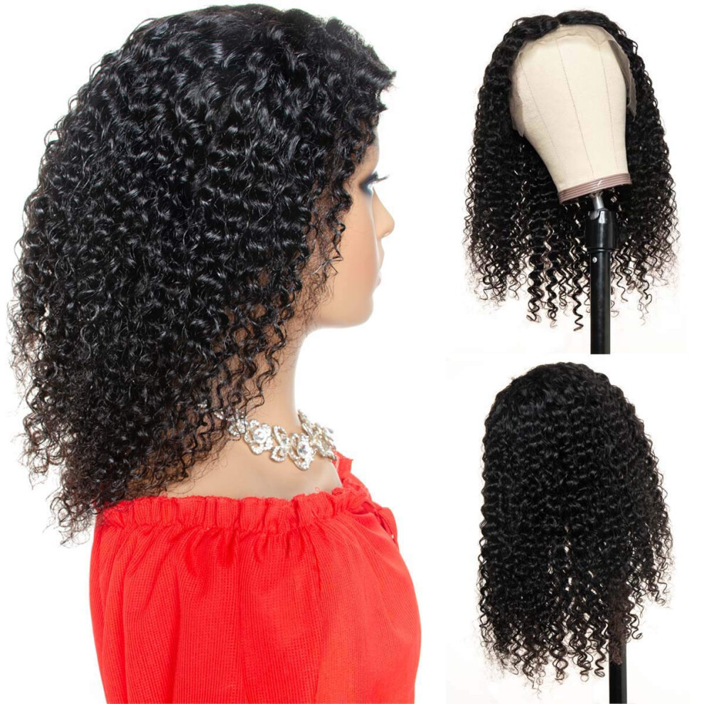Unisex Black 14 Inch Brazilian Curly Lace Front Wig Human Hair 13X4 Glueless Invisible Hairline Natural
