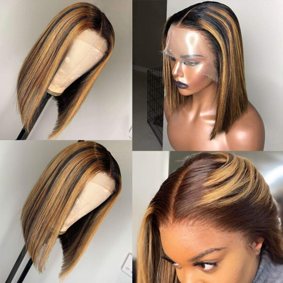 Lace Front Human Hair Wig 10 Inch Highlight Color 27# Brazilian Virgin Glueless Bob Pre Plucked 150% Density