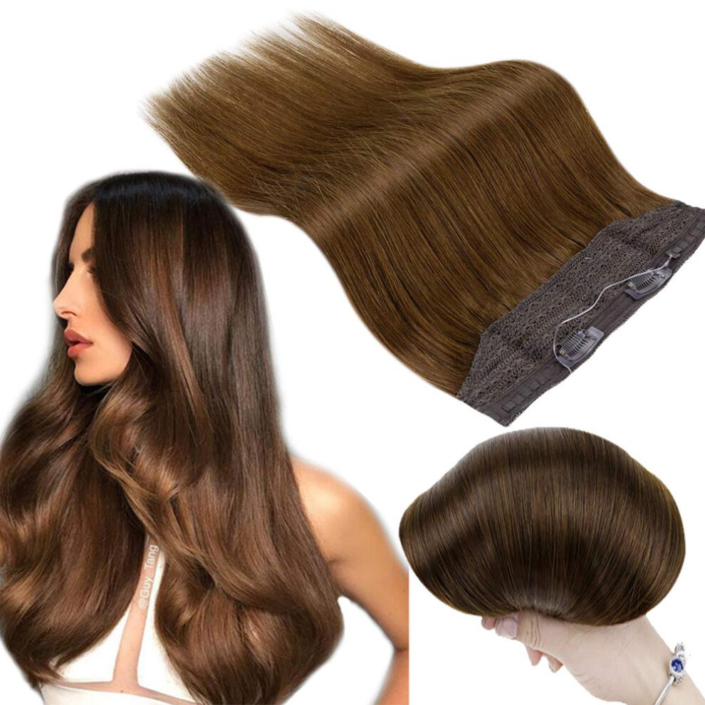 Unisex Brown Halo Hair Extensions 18 Inch Real Human Hair With Invisible Wire For Instant Length