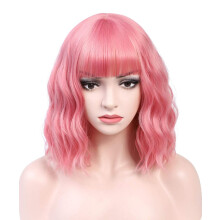 Short Wavy Wig with Bangs Pink 14 Inch Synthetic Heat Resistant Cosplay Wig for Women