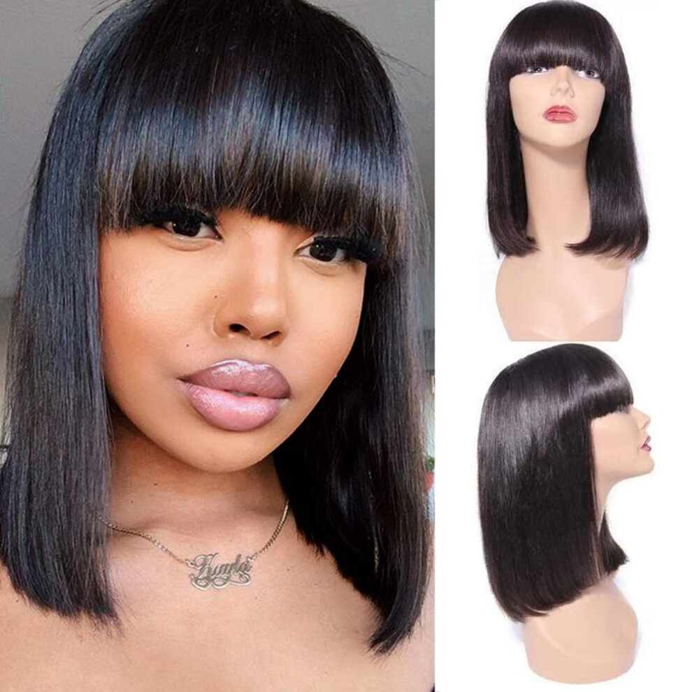 Unisex Black Brazilian Straight Bob Wig 10 Inch Human Hair With Bangs For Women Natural Hairline