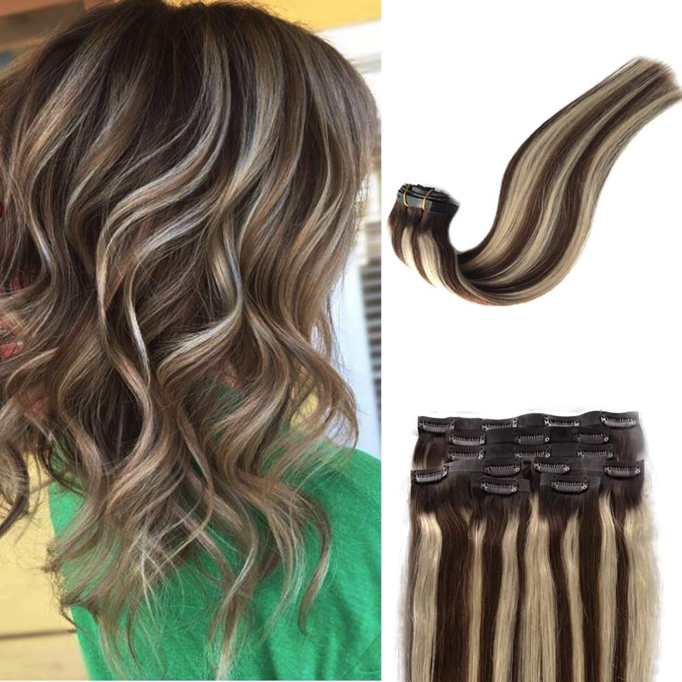 Unisex Brown,Silver Clip In Hair Extensions Human Hair 20 Inch Ombre Balayage Chestnut Brown Platinum Blonde Double Weft