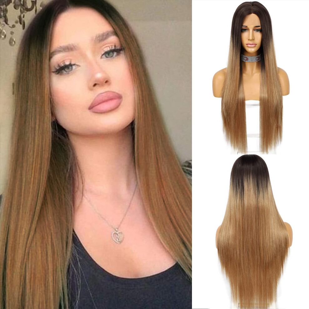 Dark Brown Ombre Lace Front Wig 22 Inch Synthetic Long Straight Heat Resistant Natural Hairline