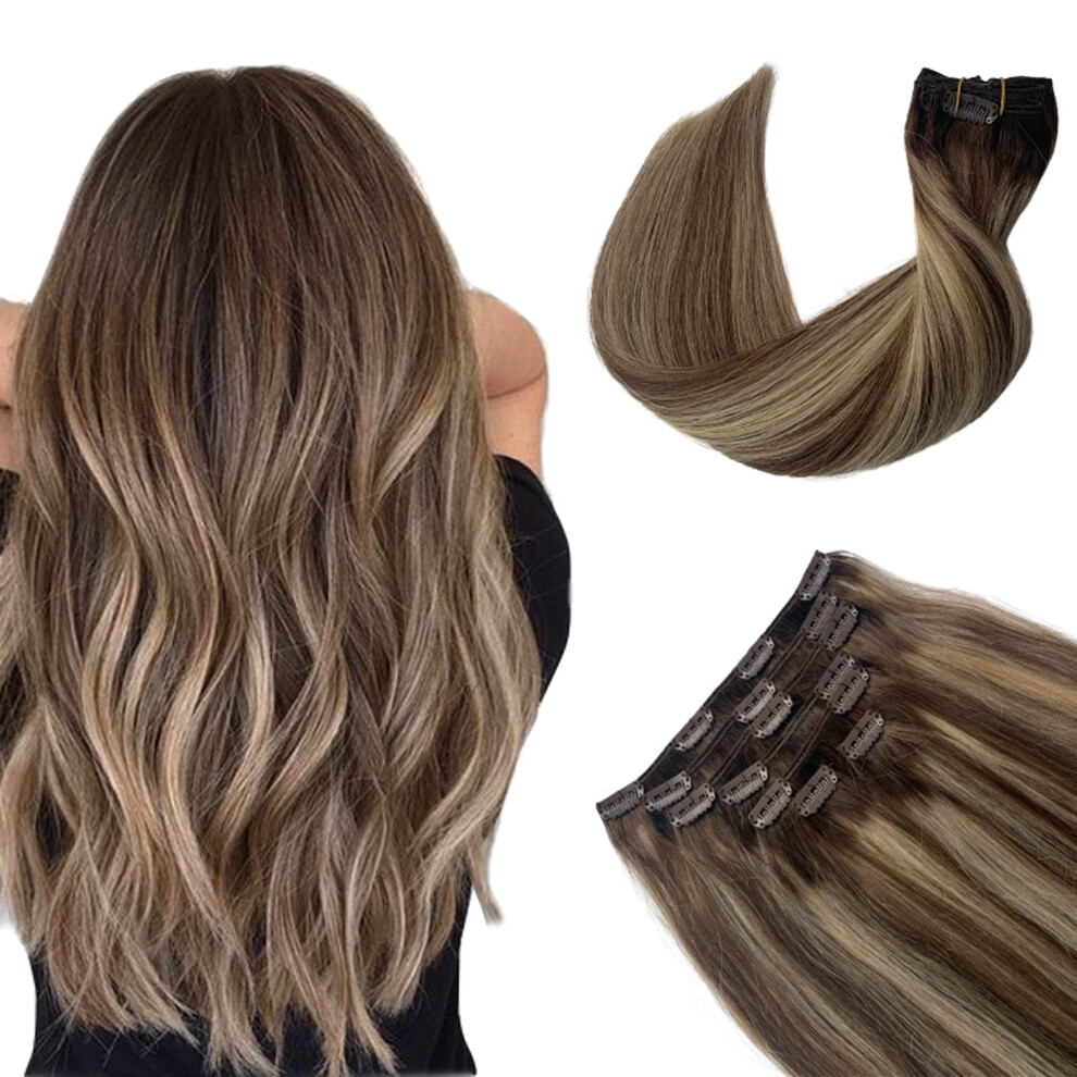 Unisex Brown Clip In Hair Extensions With Blonde Balayage Highlights Remy Human Hair Full Head Straight 70G