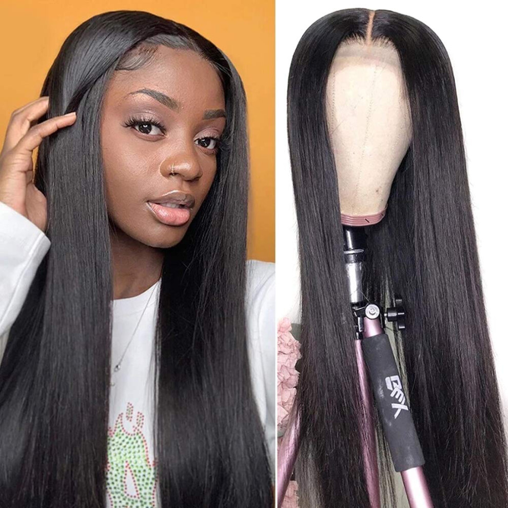 Human Hair Lace Front Wig 13x4 Brazilian Straight 150% Density Pre Plucked Natural Black 16inch