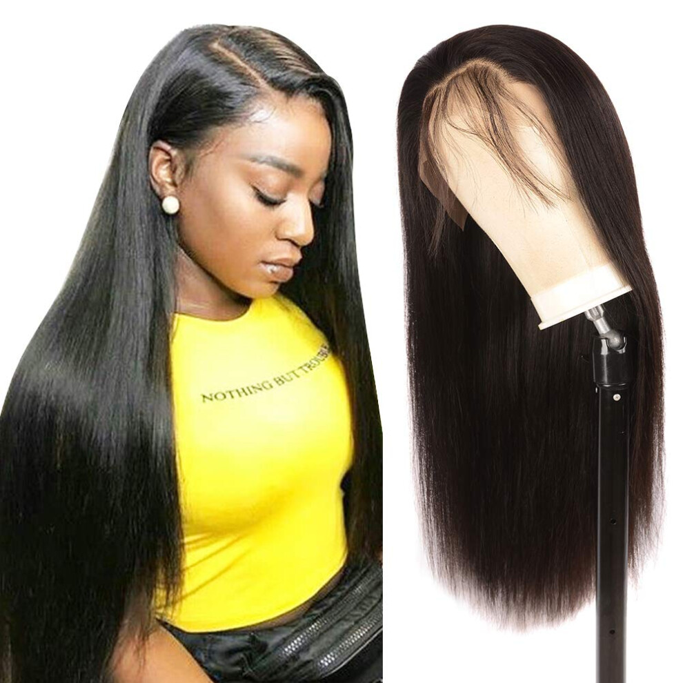 Unisex Black 13X4 Lace Frontal Human Hair Wig Pre Plucked With Baby Hair 150 Density Straight Glueless