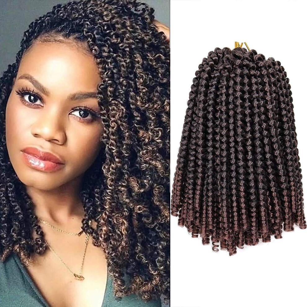 8 Inch Ombre Spring Twist Crochet Hair Extensions, Short Bomb Braids, 3 Packs T1B/33, 30 Strands