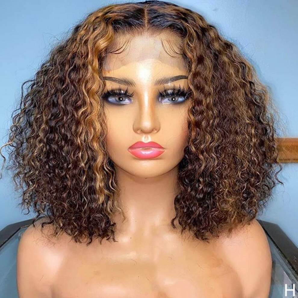 Unisex Brown 10 Inch Ombre Human Hair Lace Closure Bob Wig Glueless Pre Plucked Kinky Curly 150% Density