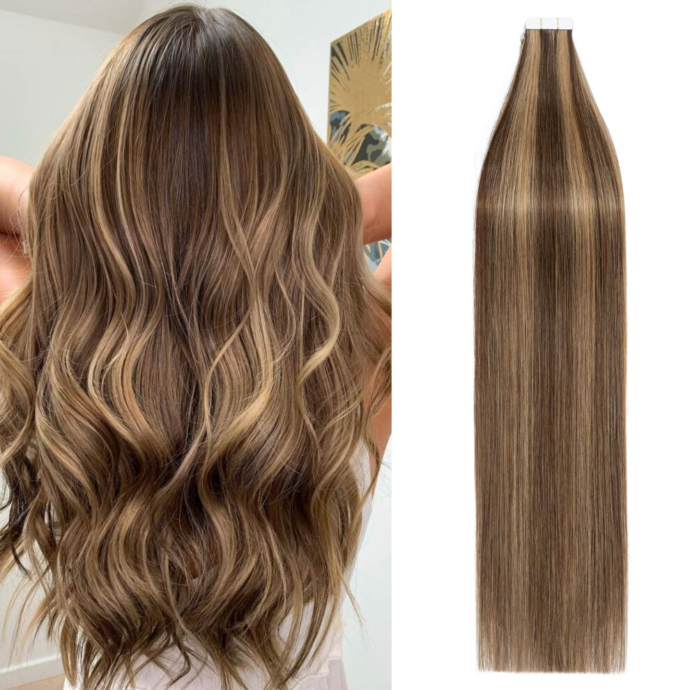 Unisex Brown Tape In Hair Extensions Brazilian Remy Human Hair Balayage Medium Dark Blonde 16 Inch 40Pcs
