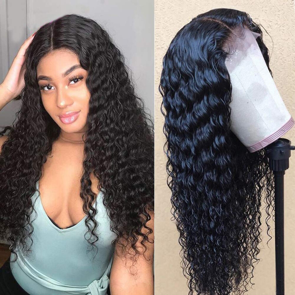 4x4 Brazilian Deep Wave Human Hair Lace Front Wig 150% Density Wet and Wavy Pre Plucked 16 Inch
