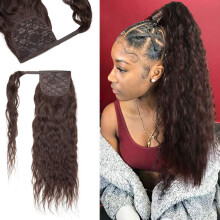 18 Inch Balayage Dark Brown Human Hair Ponytail Extension Corn Wave Curly Clip In Wraparound