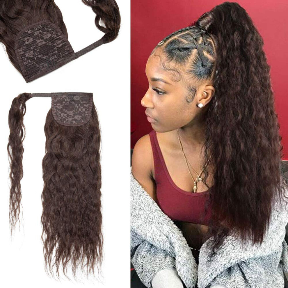 Unisex Brown 18 Inch Balayage Dark Human Hair Ponytail Extension Corn Wave Curly Clip In Wraparound