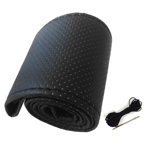 Universal 38cm Microfiber Leather Hand Sewn Steering Wheel Cover, Black 1