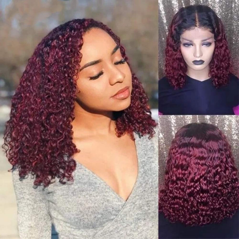 Ombre Burgundy Curly Lace Front Wig Human Hair 13x4 Glueless 18 Inch 180 Density Natural Hairline