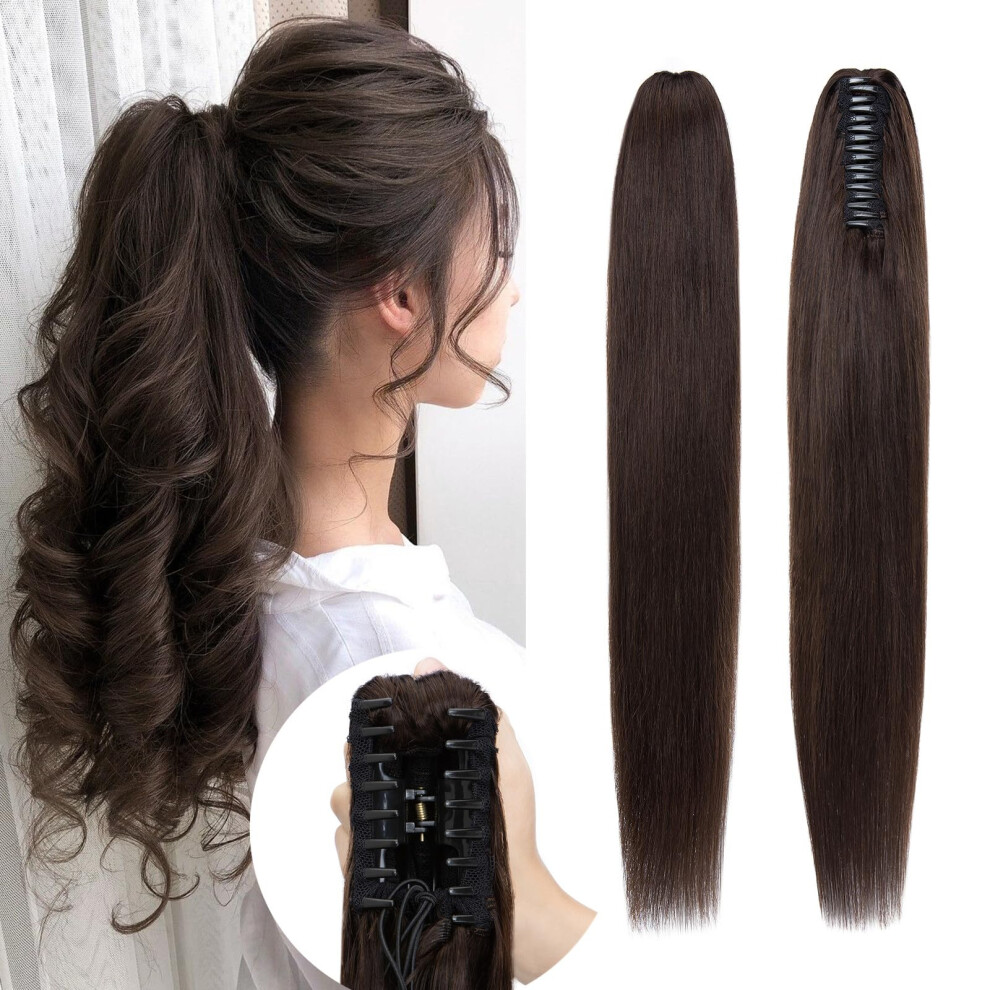 Unisex Brown 18 Inch Dark Remy Human Hair Ponytail Extension With Secure Claw Clip For Instant Volume