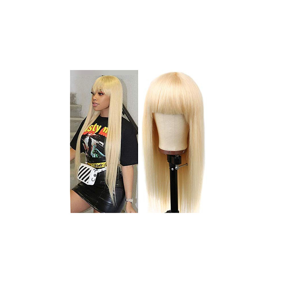 18 Inch 613 Blonde Human Hair Wig with Bangs, Brazilian Straight, Glueless, 150% Density