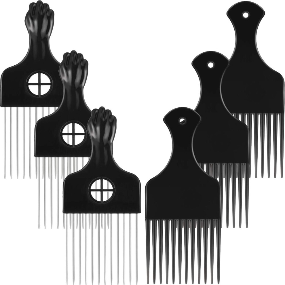 Unisex Black Afro Pick Comb Set With Metal And Plastic Hair Picks For Volumizing, Detangling, Wigs And Braids