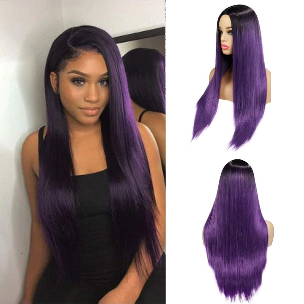 Unisex Purple Human Hair Lace Front Wig Ombre 16 Inch Straight Brazilian Remy 13X4 Glueless 180 Density