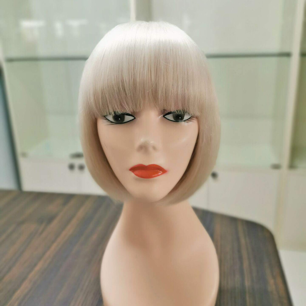 10 Inch Platinum Blonde Bob Wig with Bangs Human Hair Remy Glueless Adjustable Cap