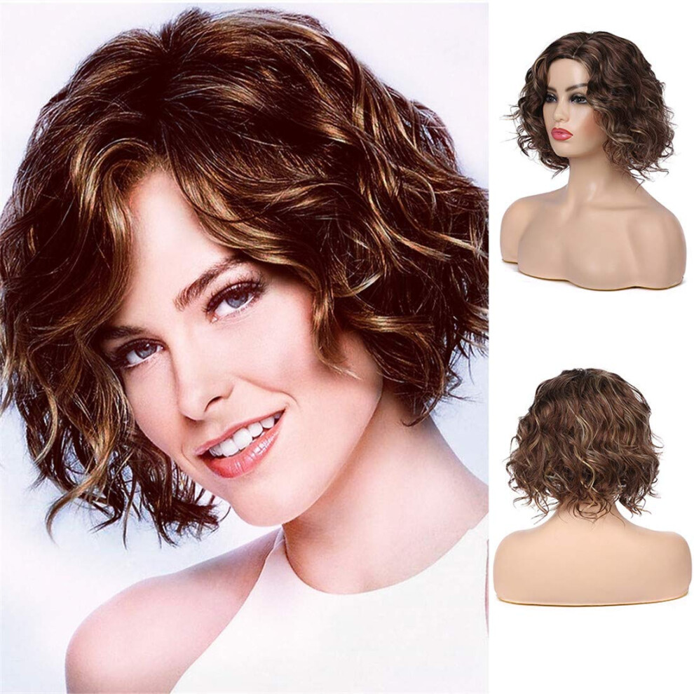 Unisex Short Curly Synthetic Bob Wig For Women, Heat Resistant Natural Wavy Hair With Cap